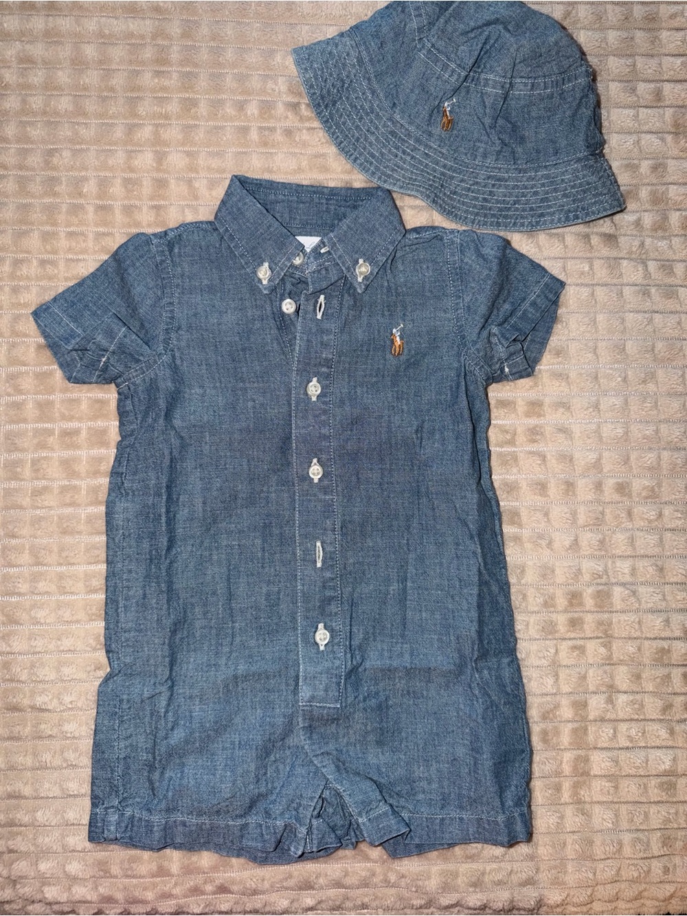 Ralph Lauren Denim Chambray Button-Front Romper with Matching Hat